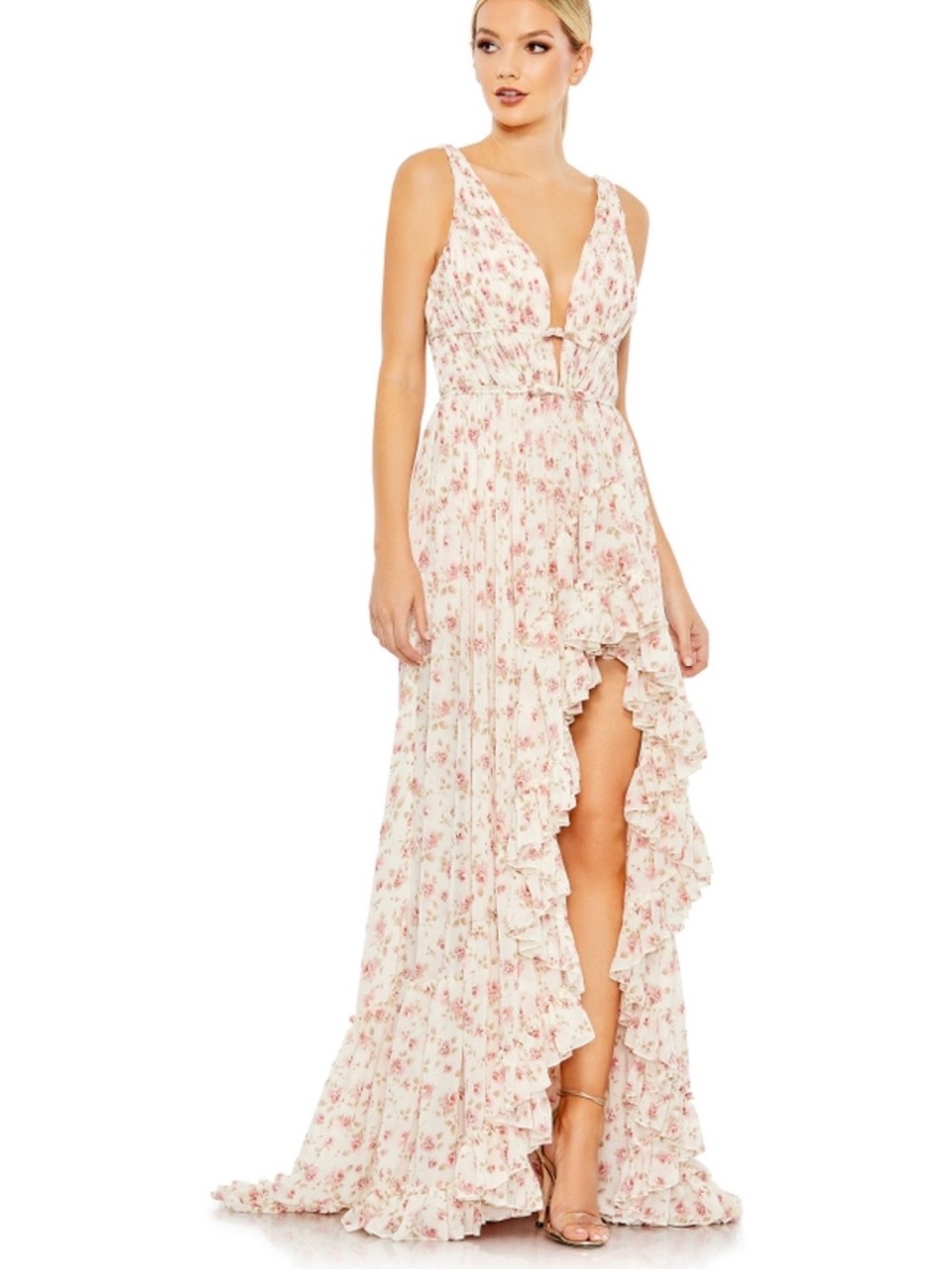 NWT Mac Duggal Multicolor Floral Print Sleeveless Ruffled High-Low Gown pink